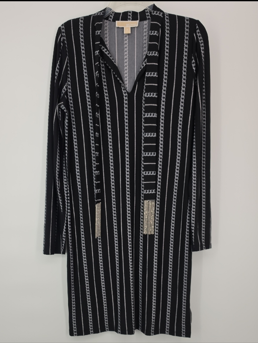 Michael Kors Dress Women Medium Black Chain Print Long Sleeve Keyhole Tassel Shi